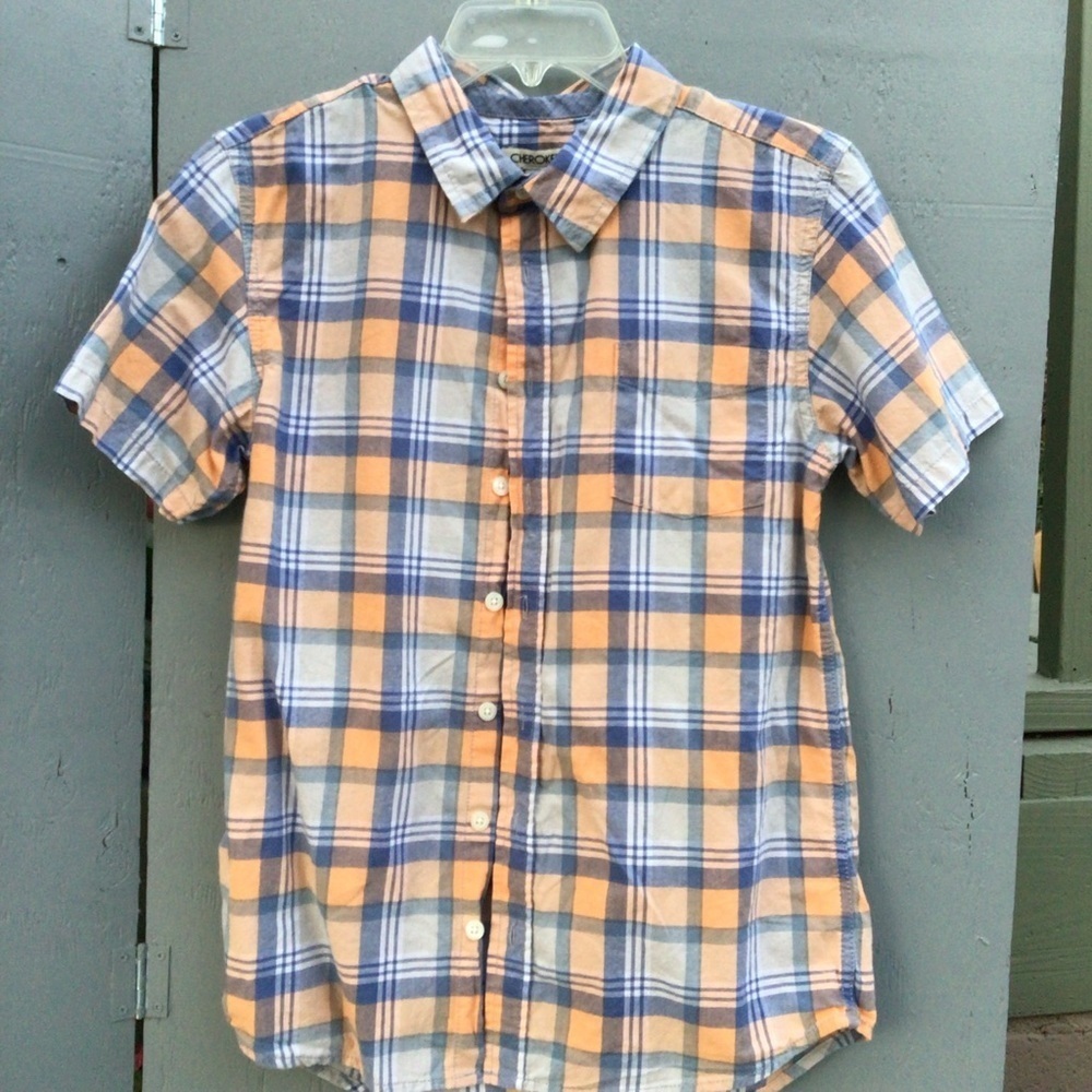 Cherokee Men's Casual Plaid Shirt in Orange and Blue - Picture 2 of 5